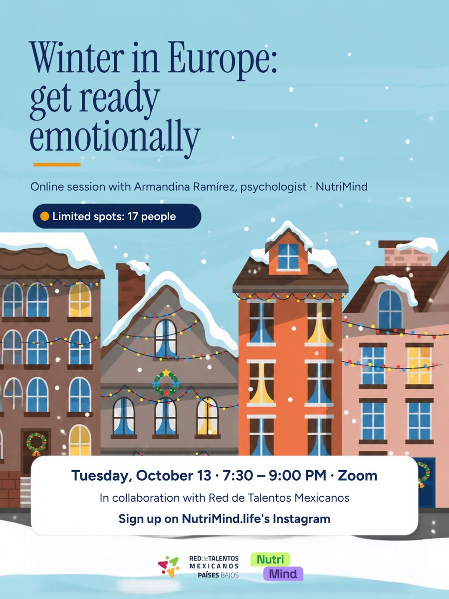 Event poster titled Winter in Europe: get ready emotionally, with an illustration of snowy canal houses with Christmas lights, for an online session with a psychologist from NutriMind