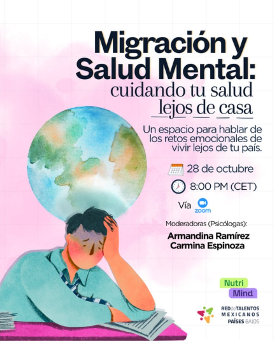 Event poster titled Migración y Salud Mental, about caring for your health far from home, with an illustration of a person holding their head in front of a globe