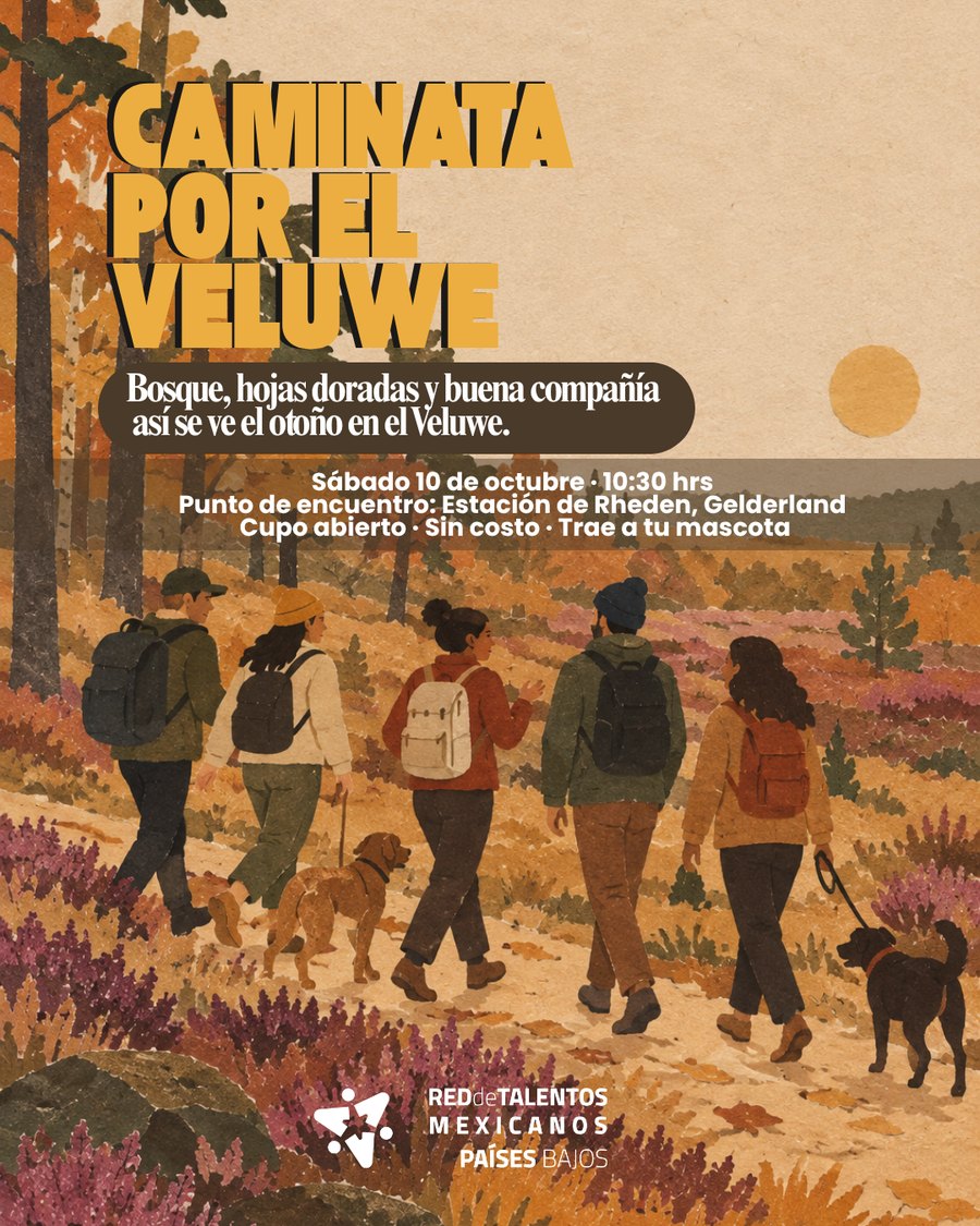 Event poster titled Caminata por el Veluwe, an autumn forest walk, with an illustration of five hikers and two dogs on a path among golden trees